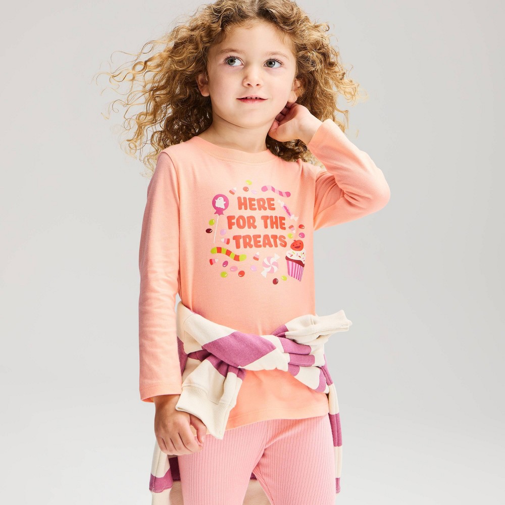 Toddler Girls' Halloween 'Here for the Treats' Long Sleeve T-Shirt - Cat & Jack™ Peach 5T