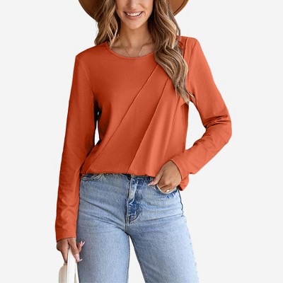 Amaryllis Women’s Solid Rib Knit Long Sleeve Crewneck Top Diagonal Seam Detail Slim Fit Pullover