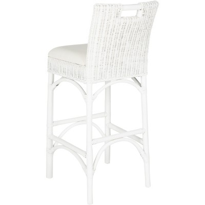 Transitional White Rattan Bar Stool with Comfy Cushion