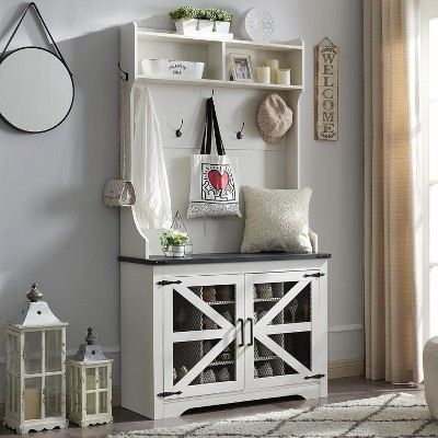 SinCiDo 42″ Shoe Racks with 12 Shoe Cubbies & 7 Coat Hooks, Farmhouse Entryway Hutch, White