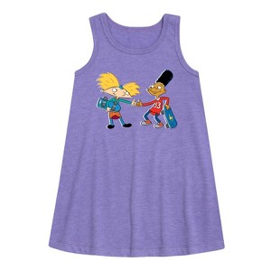 Girls' - Hey Arnold! - Arnold and Gerald Skateboard Graphic Sleeveless Aline Dress - 1 of 3