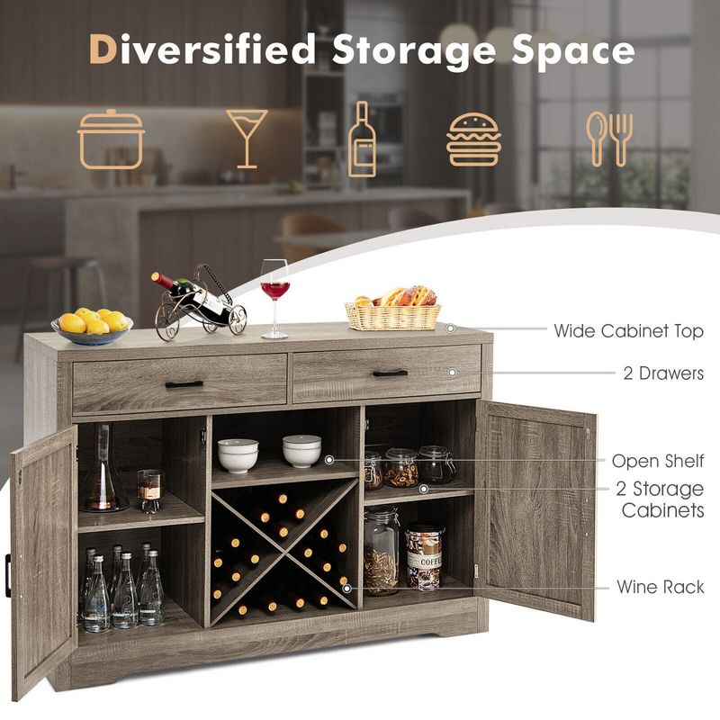 Costway Kitchen Storage Buffet Cabinet Farmhouse Wooden Sideboard w/2 Drawer & Wine Rack, 5 of 11