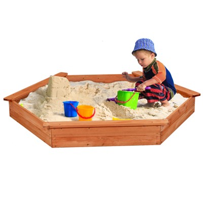 Safstar Wooden Cedar Sand Box w Seat Boards & Cover & Ground Liner
