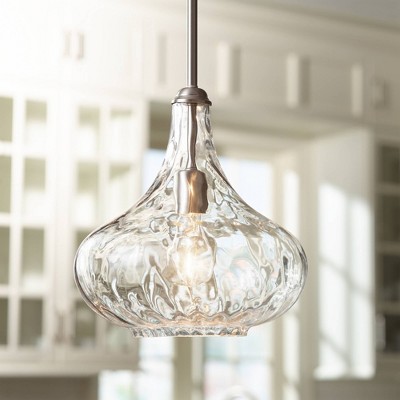 Sleek Brushed Nickel 16" Mini Pendant with Textured Glass Shade