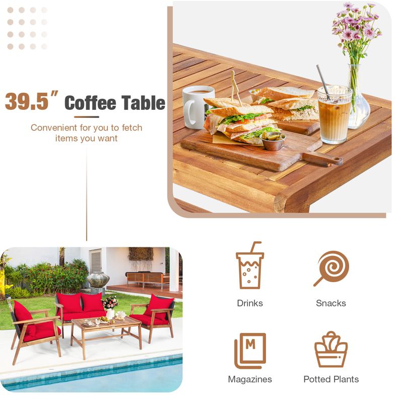 Tangkula 4PCS Patio Rattan Furniture Set Wood Frame Cushioned Sofa with Coffee Table Sectional Conversation Sofa Set for Garden, 5 of 9