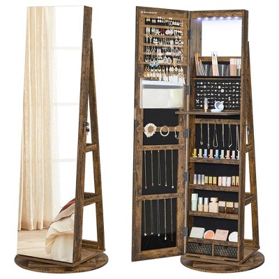 SONGMICS 6 LEDs Lockable Mirror Jewelry Cabinet, Jewelry Organizer, Standing Jewelry Armoire, Frameless Full-Length Mirror, 3 Storage Shelves