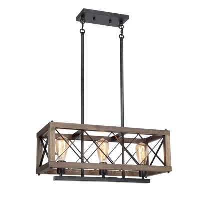 LNC Lucia 3-Light 24" Farmhouse Rectangle Meidum Chandelier, Matte Black and Brown Wood Grain