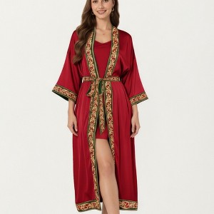 Anna-Kaci Lounge Women's Satin Long Robe with Embroidered Trim and Wide Sleeves - 1 of 4
