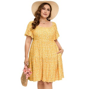 Plus Size Dress Plus Size Dress Ruffle Sleeve Flowy Dress with Pockets blue white flower 2XL - 1 of 4