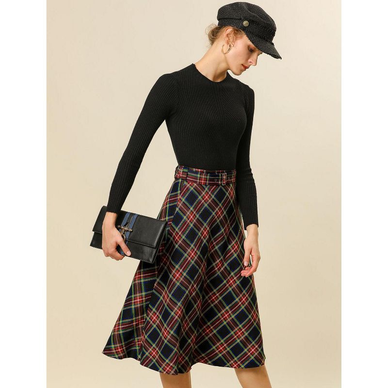 Allegra K Women's Tartan Plaid High Waist Belted Vintage A-Line Midi Skirt, 3 of 8