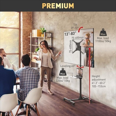 Black Full Motion Mobile TV Cart with Metal Shelf for 13-83 inch Screens