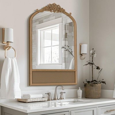 Lirago Arch Rattan Wood Mirror with Carved Design Vanity Mirror Decor Mirror 36x24 Brown