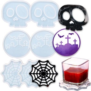JDICTION 6Pcs Halloween Resin Coaster Molds - Skull, Spider Web & Cemetery Silicone for Epoxy Casting, Jewelry Storage, Candle Holder Decor - 1 of 4