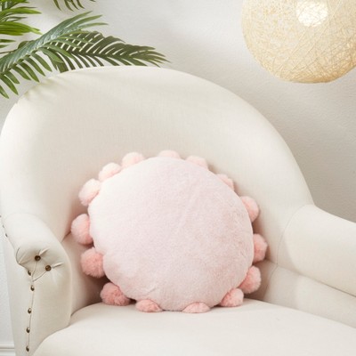 Pink Round Faux Fur Pom Pom Throw Pillow