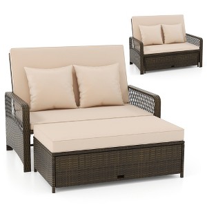 Tangkula Patio Rattan Daybed Wicker Loveseat Sofa w/ Multifunctional Ottoman - 1 of 4