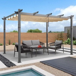 PURPLE LEAF Outdoor 10' x 13' Retractable Pergola with Canopy for Garden Porch Beach Gazebo Wood Grain Frame Pavilion Patio Pergola - 1 of 4