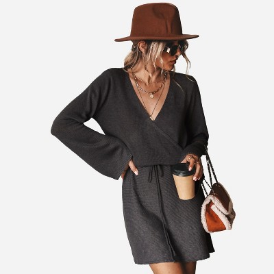 Women's Long Sleeve Drawstring Sweater Dress - Cupshe - Black