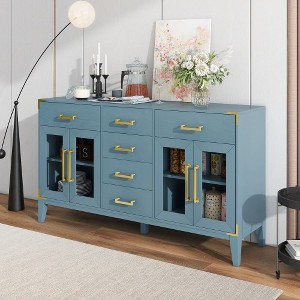 6-drawer and 2-Cabinet Retro Sideboard with Extra Large Storage Space, with Gold Handles and Solid Wood Legs, for Kitchen and Living Room - 1 of 4