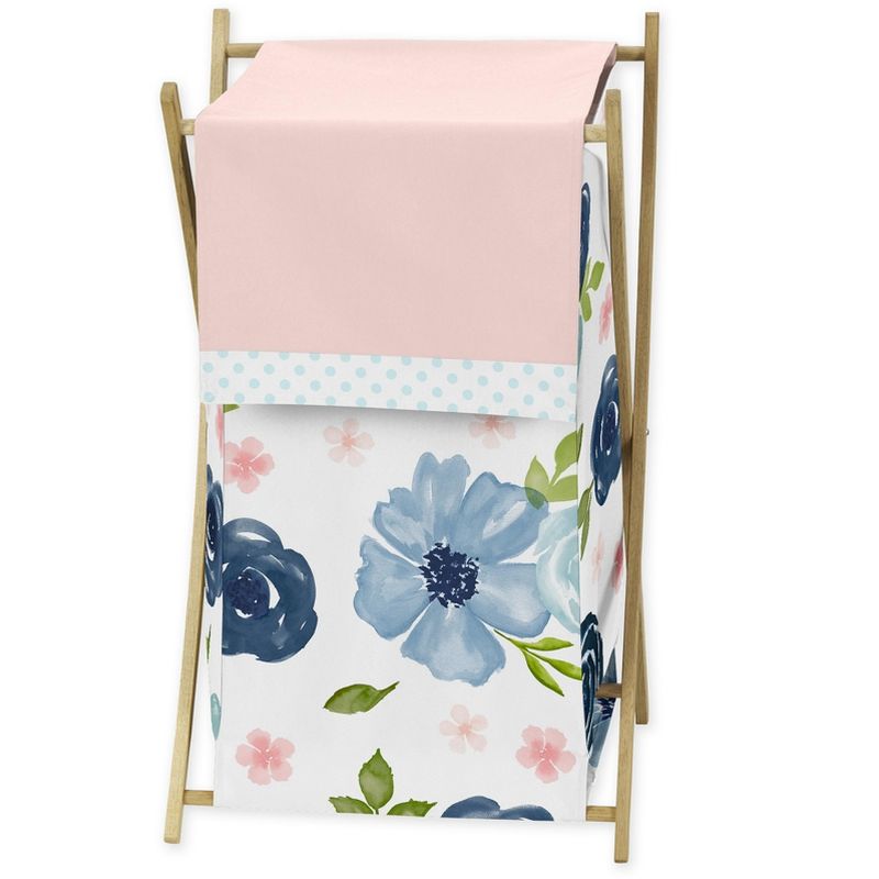 Sweet Jojo Designs Girl Laundry Hamper Watercolor Floral Blue Pink and White, 1 of 6