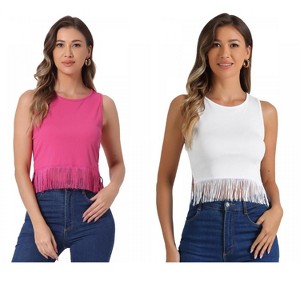 INSPIRE CHIC Women's Ribbed Knit Crew Neck Sleeveless Crop Tassel Trim Tank Tops 2 Packs - 1 of 4