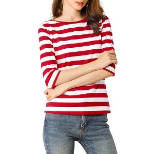 INSPIRE CHIC Women's Elbow Sleeves Boat Slim Fit Casual Stripe Animal Print Multi Floral Pattern T-Shirt - 1 of 4