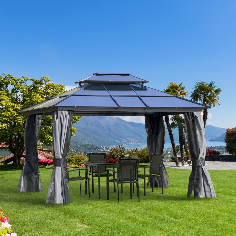 Outsunny Hardtop Gazebo Outdoor Polycarbonate Canopy Aluminum Frame Pergola with Double Vented Roof, Netting & Curtains for Garden, 2 of 8