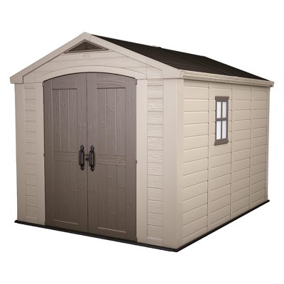 Keter Factor 8 x 11 Foot All Weather Durable Resin Outdoor Storage Shed with 2 Solid Shelves and Built-In Ventilation for Backyard Organization, Taupe