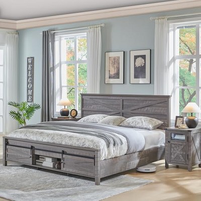 TAJSOON 84.8 in Farmhouse King Size Wood Bed Frame with Sliding Barn Door Storage Cabinet Grey