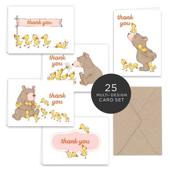 Paper Frenzy Spring Bear and Ducks Thank You Note Card Collection 25 pack with Kraft Envelopes