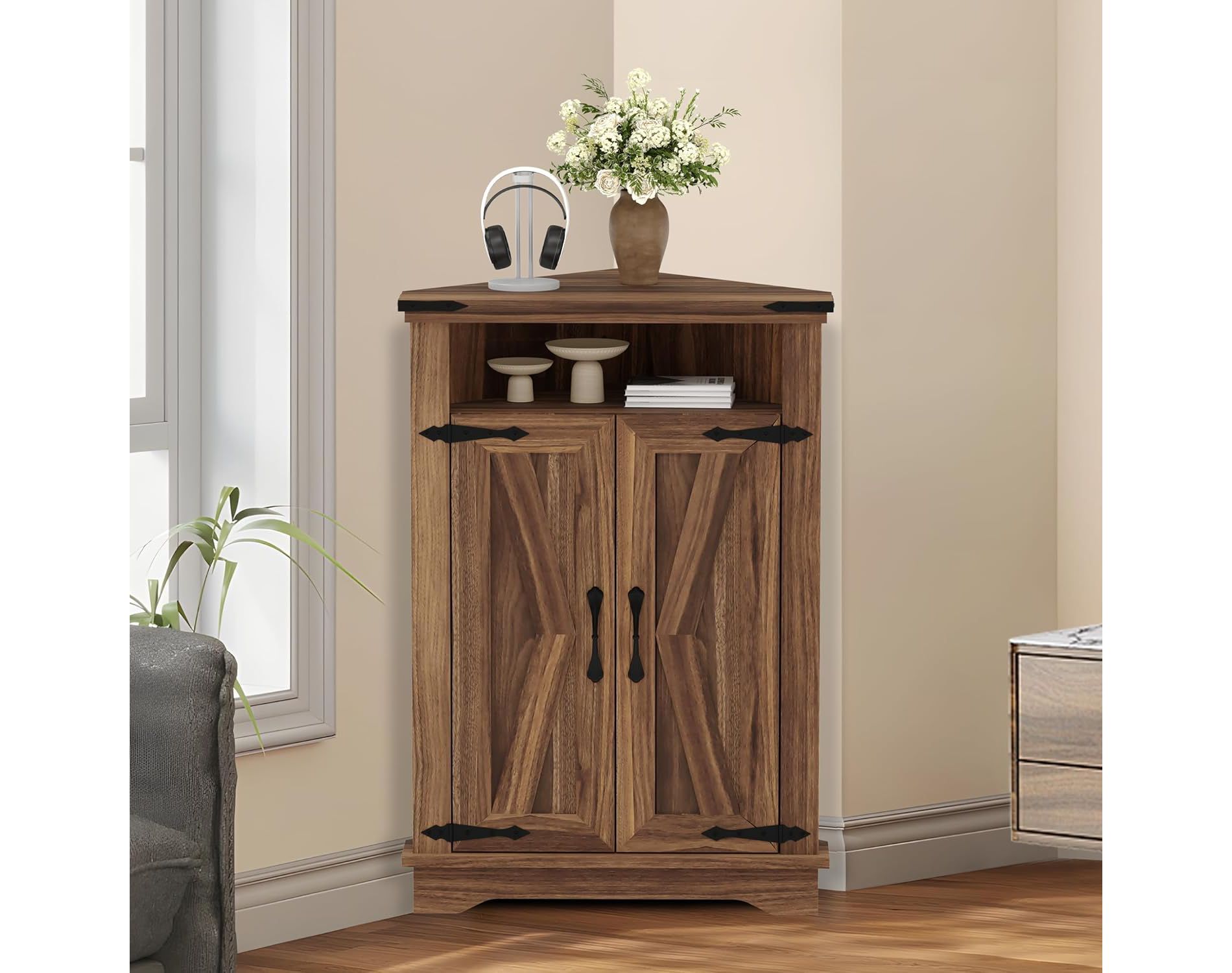 Coucheta Farmhouse Corner Cabinet with Barn Door, Adjustable Shelves - Floor Standing for Living Room, Bathroom, Kitchen