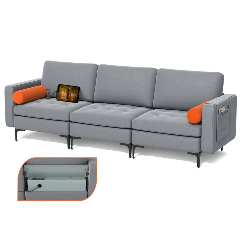 Costway Modular 3-Seat Sofa Couch with  Socket USB Ports & Side Storage Pocket Ash Grey, 1 of 11