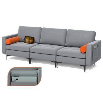 Costway Modular 3-Seat Sofa Couch with  Socket USB Ports & Side Storage Pocket Ash Grey
