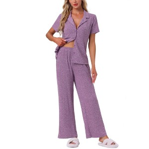 INSPIRE CHIC Women's Turndown Collar Knit Short Sleeve Top with Side Pocket Long Pant Pajamas Set - 1 of 4