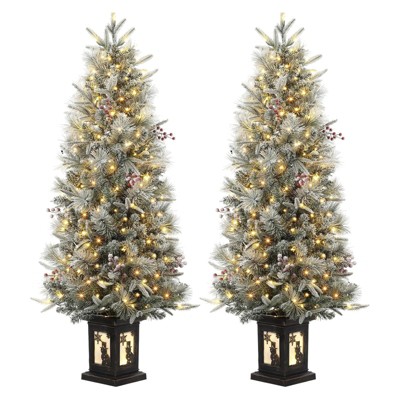 4.5 Ft Artificial Christmas Tree with 200 Warm White  Lights and Red Berries Potted Base Holiday Xmas Tree
