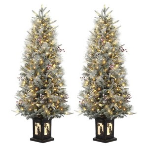 4.5 Ft Artificial Christmas Tree with 200 Warm White  Lights and Red Berries Potted Base Holiday Xmas Tree - 1 of 4