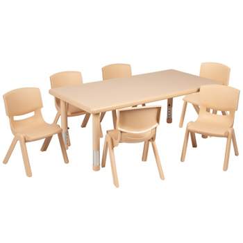 Emma and Oliver 24"W x 48"L Rectangle Natural Plastic Adjustable Activity Table Set - 6 Chairs
