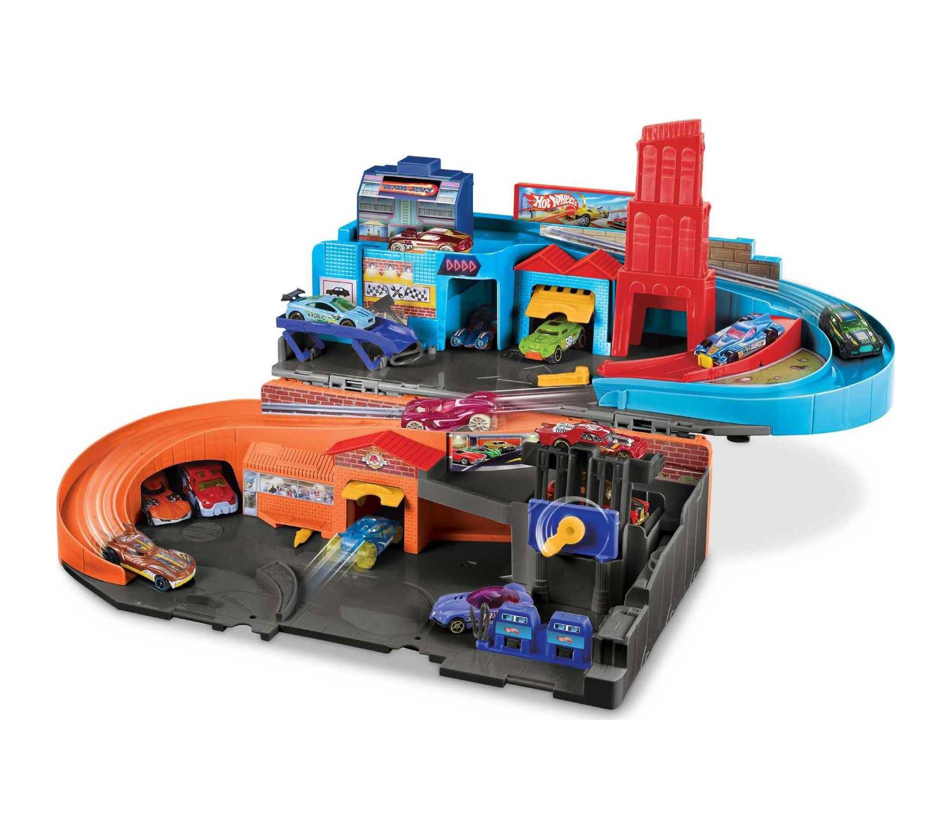 Hot Wheels Ultra Hots Sto & Go Track Set - 6 Piece + Flying Customs Retro Playset with 5 Die-Cast Cars