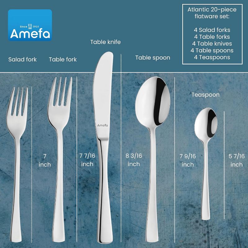 Amefa Atlantic 20-Piece 18/10 Stainless Steel Flatware Set, High Gloss Mirror Finish, Silverware Set Service for 4, Rust Resistant Cutlery, 2 of 8