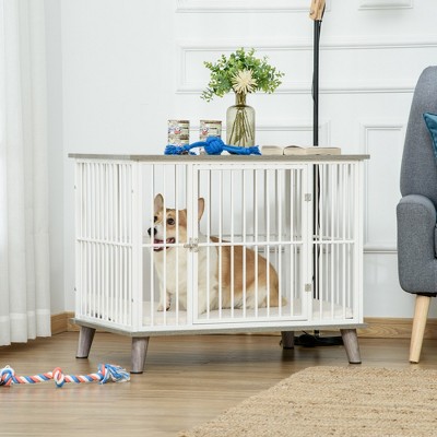 Medium Gray and White Wooden Dog Crate Table with Cushion