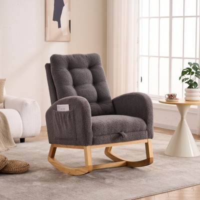 JUJABU High-Back Plush Accent Rocking Chair with Footrest, Rubber Wood Base, Upholstered Glider for Nursery or Living Room