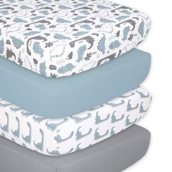 The Peanutshell Dino 4-Pack Crib Fitted Sheet Set in Blue/Grey/White