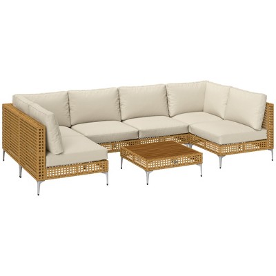 Outsunny 7 Piece Wicker Patio Furniture Set, Modular Outdoor Sectional Conversation Set with Thickened Cushions, Acacia Wood Table