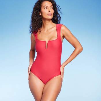 Women's Pucker Square Neck One Piece Swimsuit - Kona Sol™ Coral Pink 16 :  Target