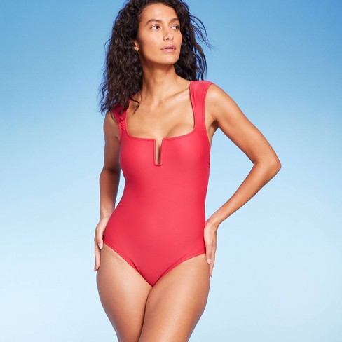 Women's Full Coverage Tummy Control Cap Sleeve U-wire One Piece Swimsuit -  Kona Sol™ Red Xl : Target