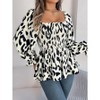 Women's Square Neck Smocked Peplum Top - Lantern Sleeve Animal Print Blouse - 4 of 4