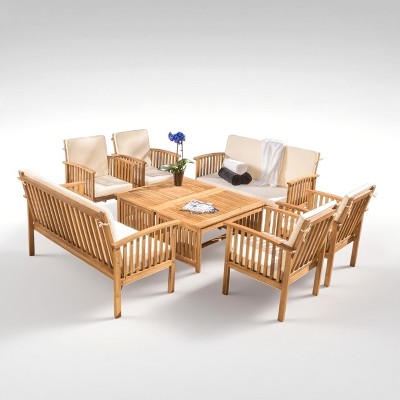 Fortune Candy Indoor/Outdoor Acacia Wood Sofa Set with Cushions, Brown Conversation Furniture