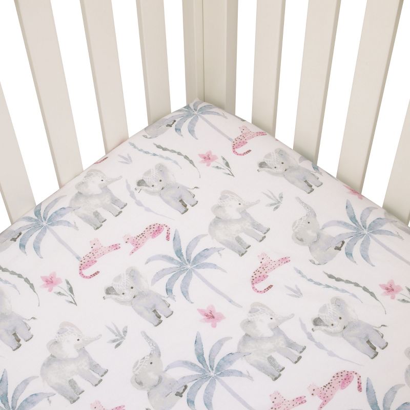 NoJo Tropical Princess Elephant/Jungle Pink and Green 100% Cotton Fitted Crib Sheet, 2 of 5