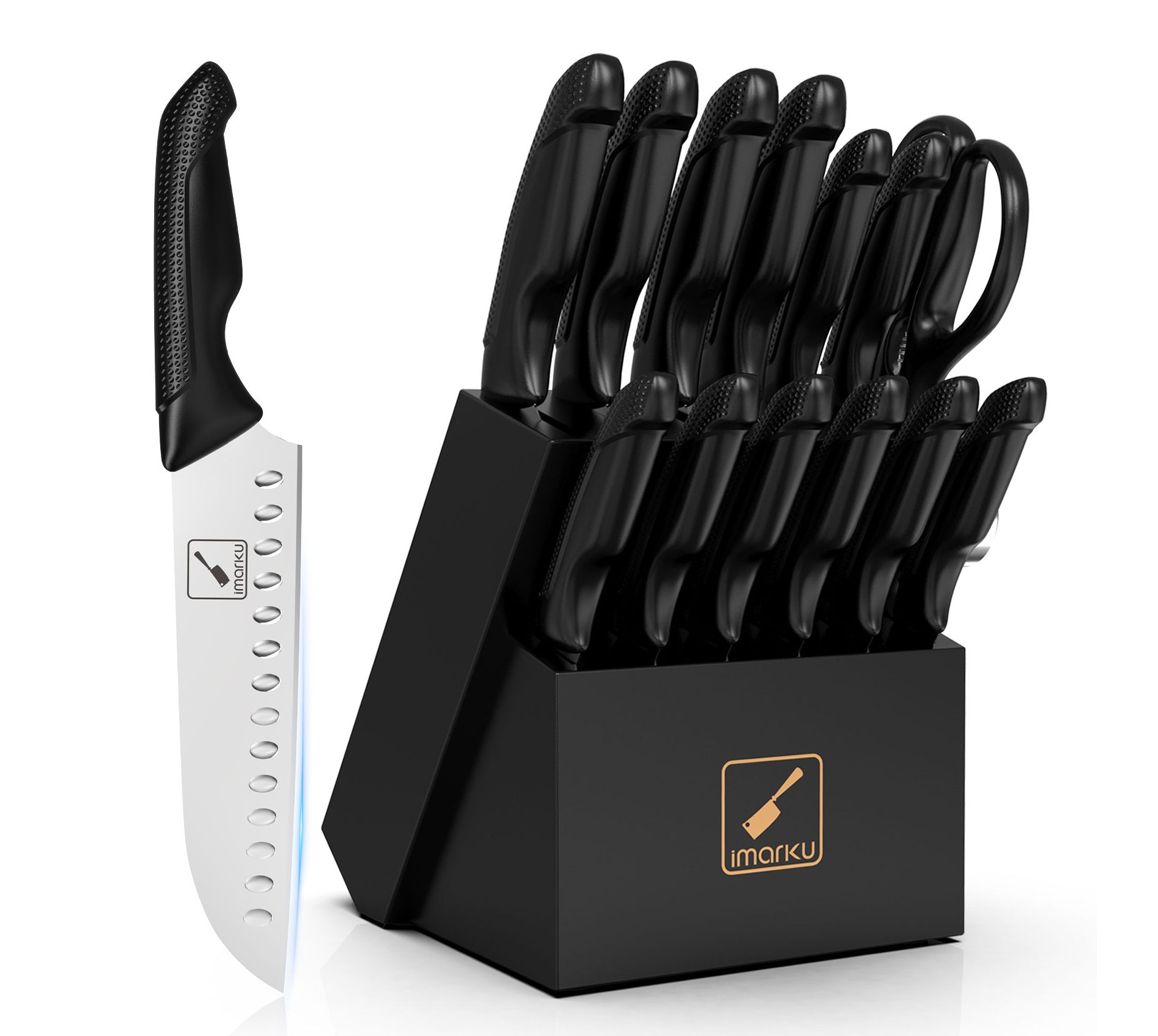 imarku Knife Set with Block, Built-in Sharpener, Stainless Steel Kitchen Knife Set with Non-Slip Ergonomic Handle, Dishwasher Safe, Kitchen Essentials