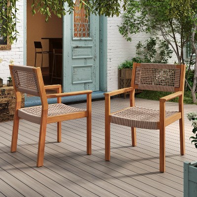CAVINAS Dining Chairs Kitchen Chairs Set of 2 Woven Dining Chairs Teak Finish Rope chairs with Acacia wood frame for  Dining Room
