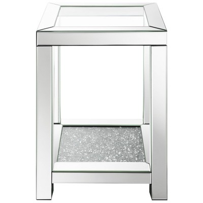 Silver Mirrored Square End Table with Glass Top and Crystal Accents